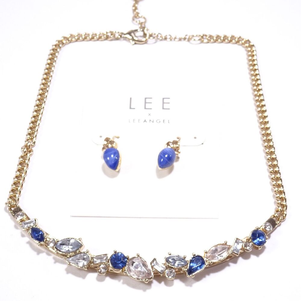 Neiman Marcus Women's Sapphire Crystal Cabochon Necklace Earrings Set NWT